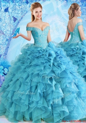 Elegant Beaded and Ruffled Quinceanera Dress in Baby Blue