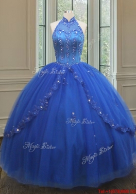 Fashionable High Neck Tulle Blue Quinceanera Dress with Beaded Appliques