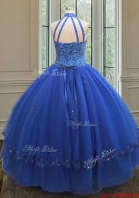 Fashionable High Neck Tulle Blue Quinceanera Dress with Beaded Appliques