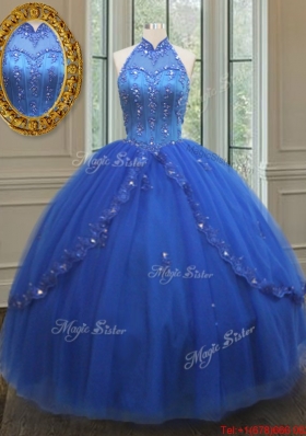 Fashionable High Neck Tulle Blue Quinceanera Dress with Beaded Appliques