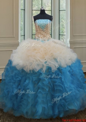 Gorgeous Beaded Bodice and Ruffled Quinceanera Dress in Champagne and Baby Blue