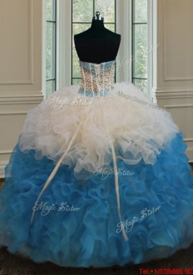 Gorgeous Beaded Bodice and Ruffled Quinceanera Dress in Champagne and Baby Blue