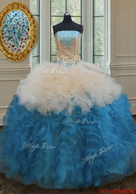 Gorgeous Beaded Bodice and Ruffled Quinceanera Dress in Champagne and Baby Blue