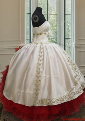 New Style Strapless Red and White Quinceanera Dress with Embroidery and Ruffled Layers