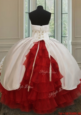 New Style Strapless Red and White Quinceanera Dress with Embroidery and Ruffled Layers