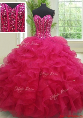 Perfect Sweetheart Organza Fuchsia Quinceanera Dress with Beading and Ruffles