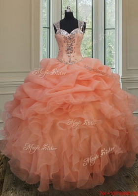 Popular See Through Back Straps Organza Quinceanera Gown with Zipper Up