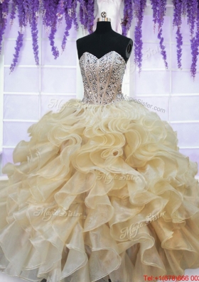 Pretty Visible Boning Beaded Ruffled Quinceanera Dress in Champagne