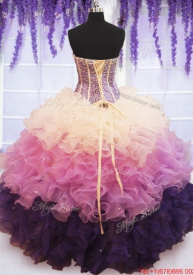 Visible Boning Beaded Bodice and Ruffled Quinceanera Dress in Gradient Color