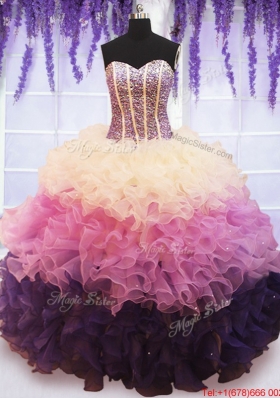 Visible Boning Beaded Bodice and Ruffled Quinceanera Dress in Gradient Color