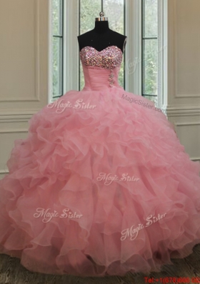 2017 New Style Beaded and Ruffled Pink Quinceanera Dress in Organza