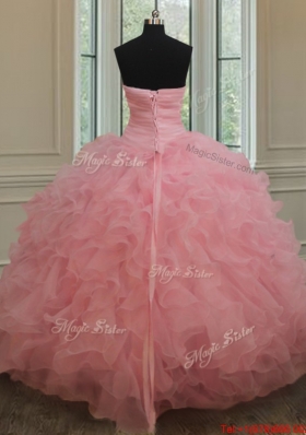 2017 New Style Beaded and Ruffled Pink Quinceanera Dress in Organza