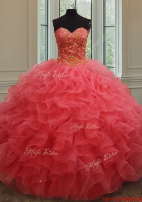 Best Really Puffy Beaded and Ruffled Organza Quinceanera Gown in Coral Red