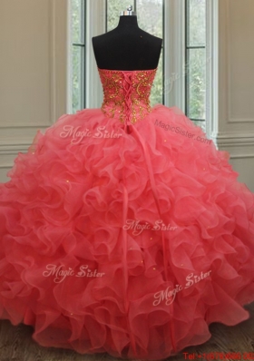 Best Really Puffy Beaded and Ruffled Organza Quinceanera Gown in Coral Red