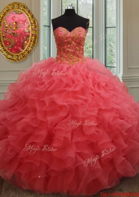 Best Really Puffy Beaded and Ruffled Organza Quinceanera Gown in Coral Red