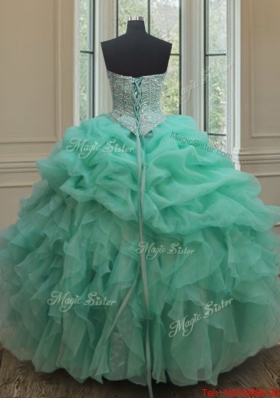 Cheap Beaded and Bubble Turquoise Organza Quinceanera Dress with Ruffles