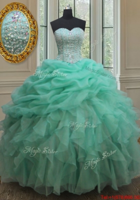 Cheap Beaded and Bubble Turquoise Organza Quinceanera Dress with Ruffles