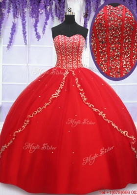 Cheap Visible Boning Applique and Beaded Bodice Quinceanera Dress in Red