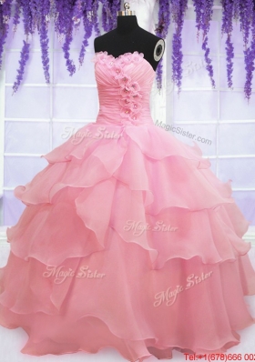 Cute Organza Baby Pink Quinceanera Dress with Appliques and Ruffled Layers