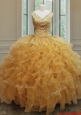 Exclusive V Neck Zipper Up Gold Sweet 16 Dress with Beading and Ruffles