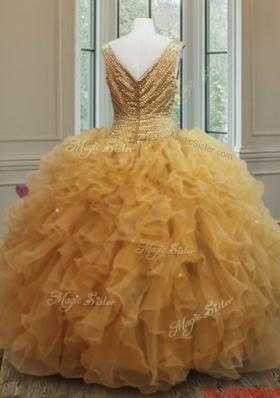 Exclusive V Neck Zipper Up Gold Sweet 16 Dress with Beading and Ruffles