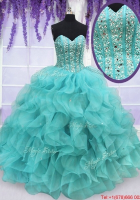Exclusive Visible Boning Beaded and Ruffled Quinceanera Dress in Aqua Blue