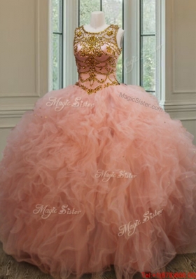 Exquisite See Through Scoop Beaded and Ruffled Quinceanera Dress in Peach