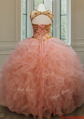 Exquisite See Through Scoop Beaded and Ruffled Quinceanera Dress in Peach