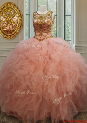 Exquisite See Through Scoop Beaded and Ruffled Quinceanera Dress in Peach
