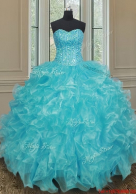 Fashionable Aqua Blue Organza Quinceanera Gown with Beading and Ruffles