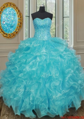 Fashionable Aqua Blue Organza Quinceanera Gown with Beading and Ruffles