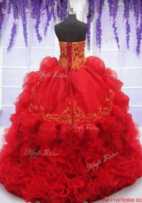 Fashionable Embroideried and Ruffled Red Quinceanera Dress with Brush Train