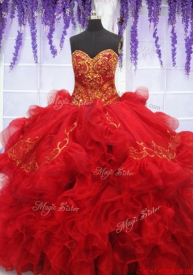 Fashionable Embroideried and Ruffled Red Quinceanera Dress with Brush Train