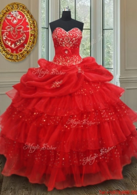 Gorgeous Beaded and Sequined Quinceanera Gown with Ruffled Layers and Pick Ups