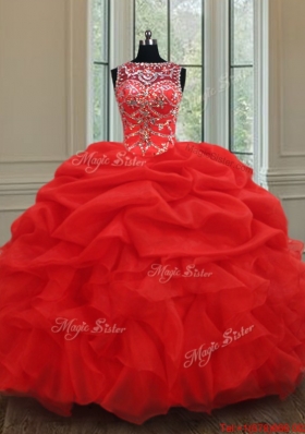 Luxurious See Through Bateau Bubble and Ruffled Red Quinceanera Dress in Organza