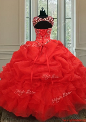 Luxurious See Through Bateau Bubble and Ruffled Red Quinceanera Dress in Organza