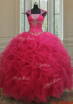 New Style Square Tulle Coral Red Quinceanera Dress with Cap Sleeves