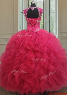 New Style Square Tulle Coral Red Quinceanera Dress with Cap Sleeves