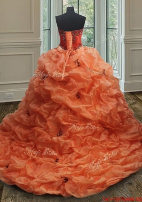 Perfect Embroideried and Bubble Orange Quinceanera Dress with Brush Train