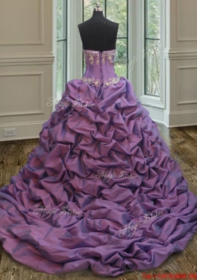 Popular Organza and Taffeta White and Purple Quinceanera Dress with Court Train