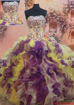 Popular Strapless Rainbow Colored Quinceanera Dress with Beading and Ruffles