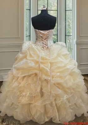 Simple Visible Boning Beaded Bodice and Ruffled Quinceanera Dress in Champagne