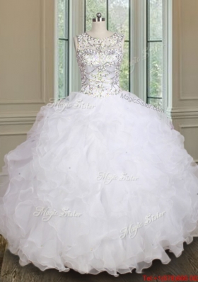 Unique See Through Scoop Beaded and Ruffled Quinceanera Dress in White