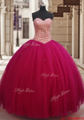 Wonderful Ball Gown Beaded Bodice Tulle Sweet 16 Dress in Fuchsia