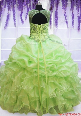 Wonderful See Through Scoop Beaded Bubble Quinceanera Dress in Spring Green