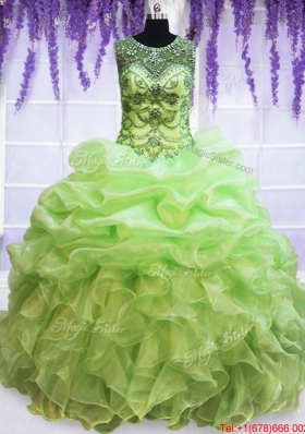 Wonderful See Through Scoop Beaded Bubble Quinceanera Dress in Spring Green