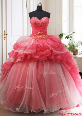 Beaded and Ruffled Layers Brush Train Detachable Quinceanera Dress in Red and White