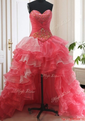 Beaded and Ruffled Layers Brush Train Detachable Quinceanera Dress in Red and White