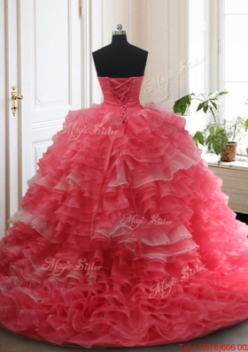 Beaded and Ruffled Layers Brush Train Detachable Quinceanera Dress in Red and White