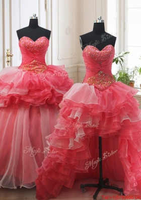Beaded and Ruffled Layers Brush Train Detachable Quinceanera Dress in Red and White